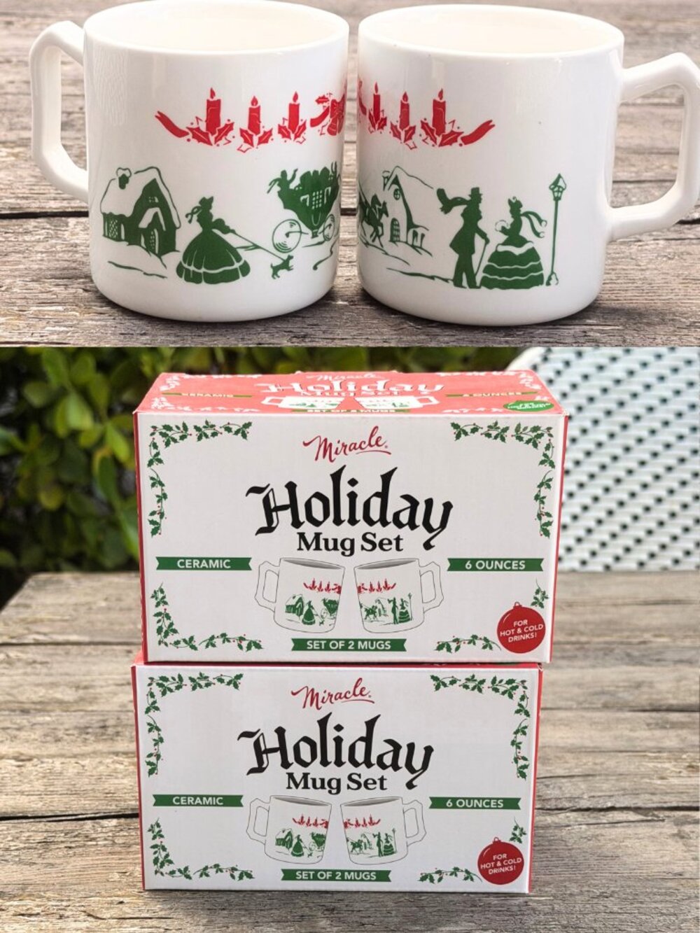 MIRACLE Set of 4 Retro Holiday Mugs Ceramic 6oz Eggnog Winter Scene Christmas